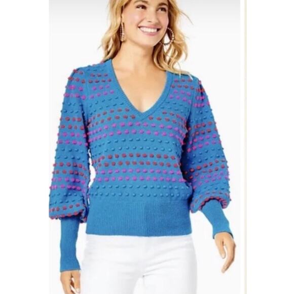 Lilly Pulitzer Sweaters - Lilly Pulitzer Dopamine Dressing Robena V-Neck M sweater Teal Bay striped bobble